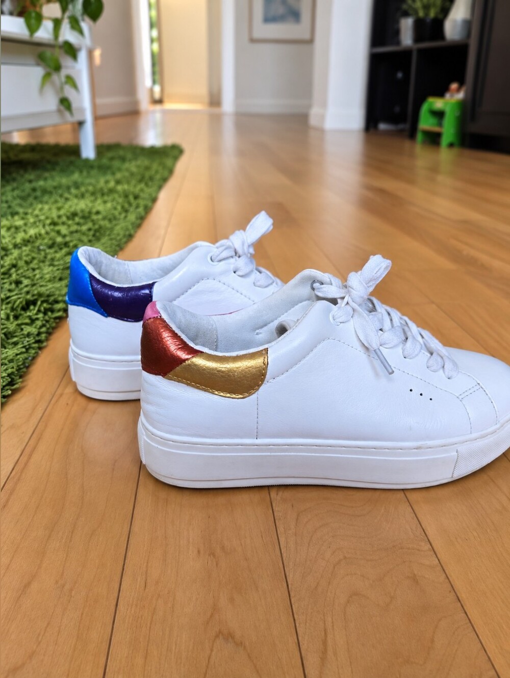 White Platform Sneakers with Perlescent Colors Heel Accents